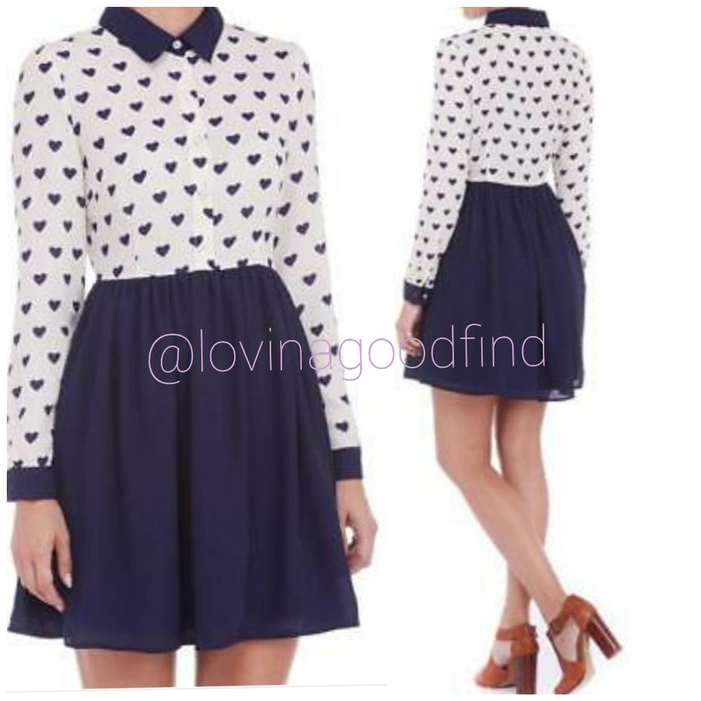 Sugarhill Boutique Autumnal Love Navy Heart Blue White Long Sleeve Dress EUC 8